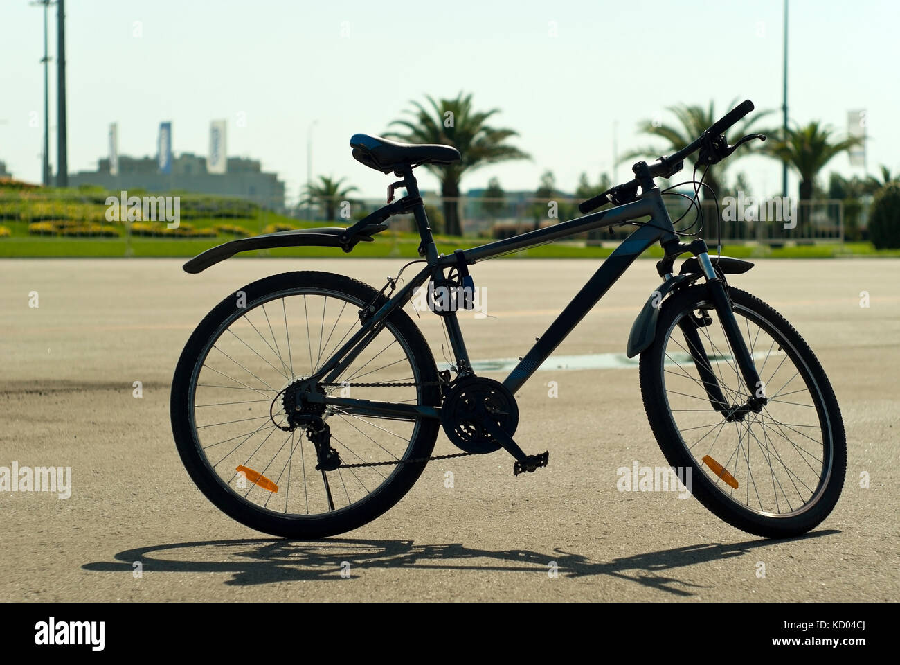 Mountain bike sorge sull'asfalto contro lo sfondo di una sfocata panorama della città Foto Stock