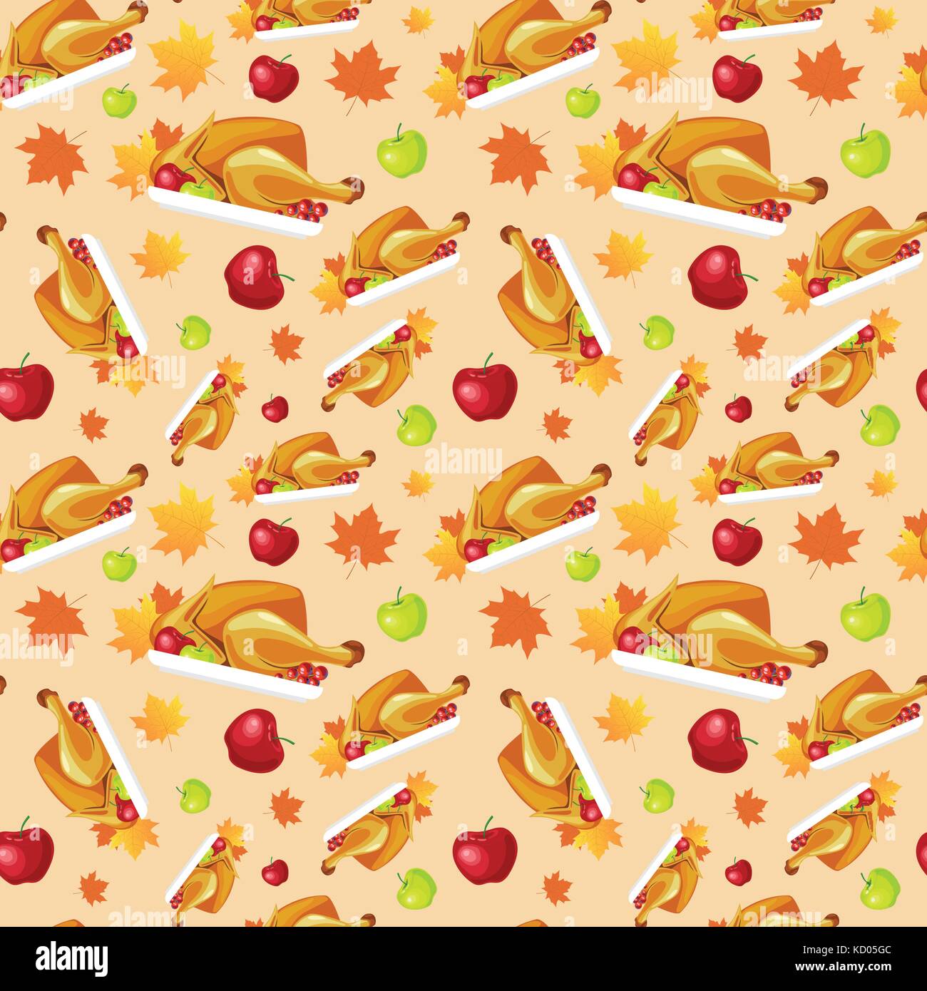 Felice giorno del ringraziamento seamless pattern autunno vacanza tradizionale biglietto di auguri con arrosto di tacchino Illustrazione Vettoriale