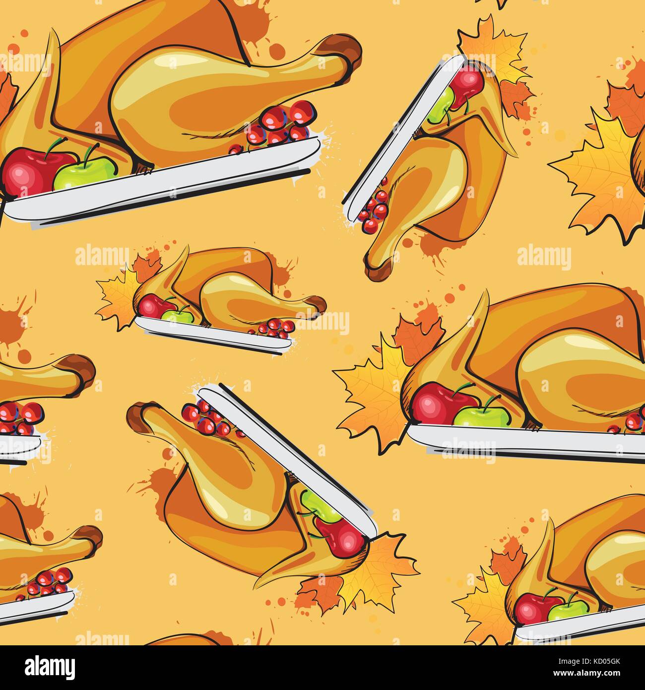 Felice giorno del ringraziamento seamless pattern autunno vacanza tradizionale biglietto di auguri con arrosto di tacchino Illustrazione Vettoriale