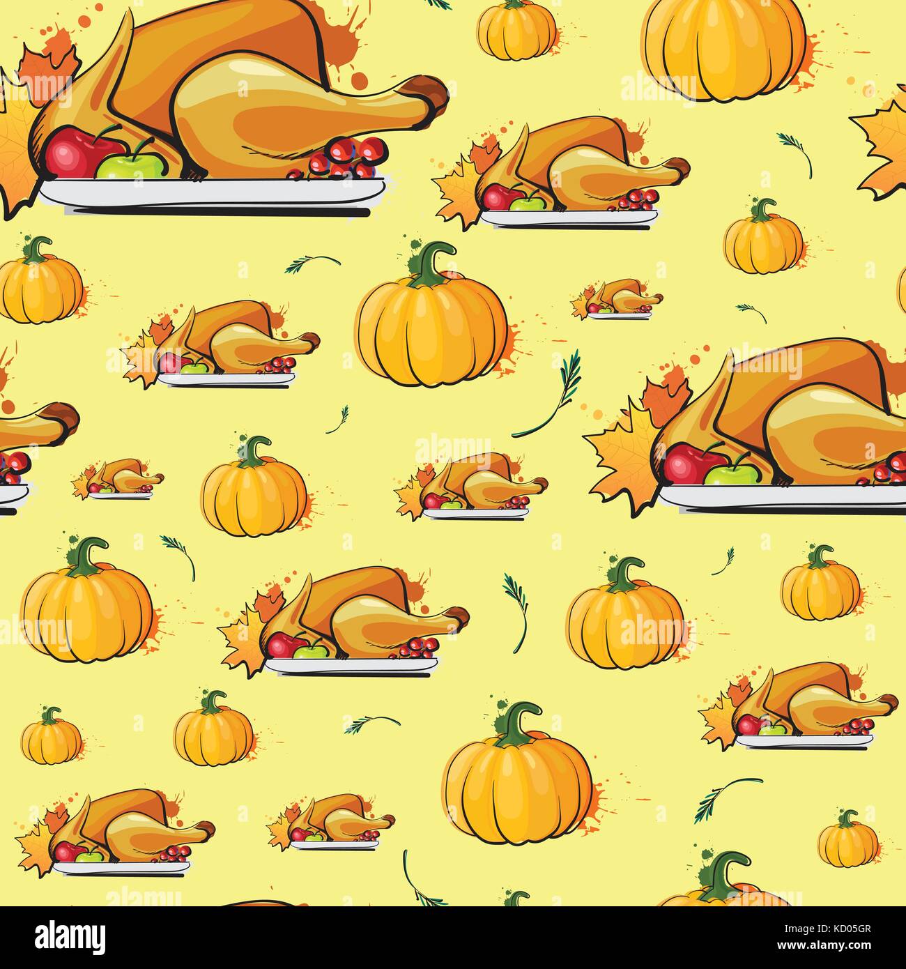 Felice giorno del ringraziamento seamless pattern autunno vacanza tradizionale biglietto di auguri con arrosto di tacchino Illustrazione Vettoriale