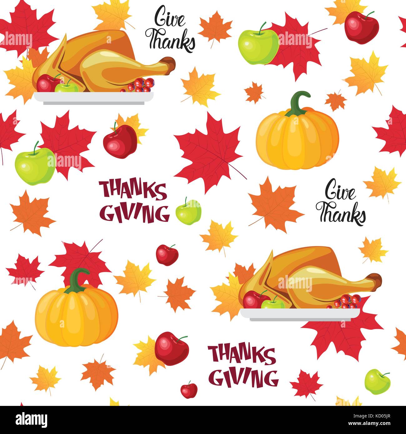 Felice giorno del ringraziamento seamless pattern autunno vacanza tradizionale biglietto di auguri con arrosto di tacchino Illustrazione Vettoriale