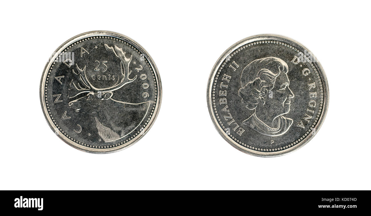 Venti cinque centesimi di dollaro canadese moneta. Foto Stock