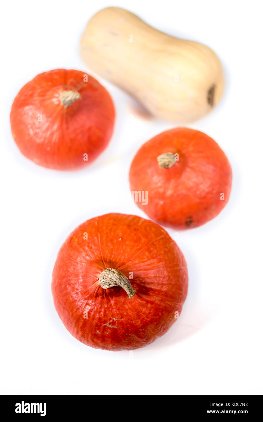 Red kuri squash e zucca isolati su sfondo bianco Foto Stock