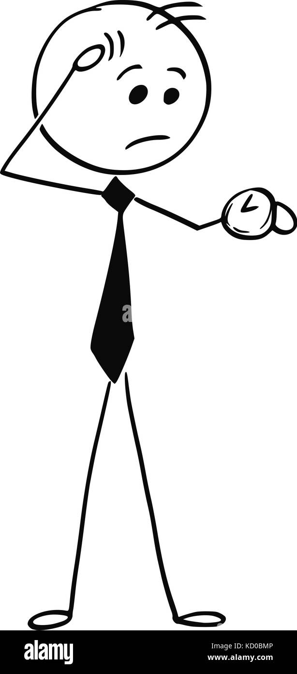 Cartoon stick uomo illustrazione di imprenditore preoccupato guardando il suo orologio. Illustrazione Vettoriale