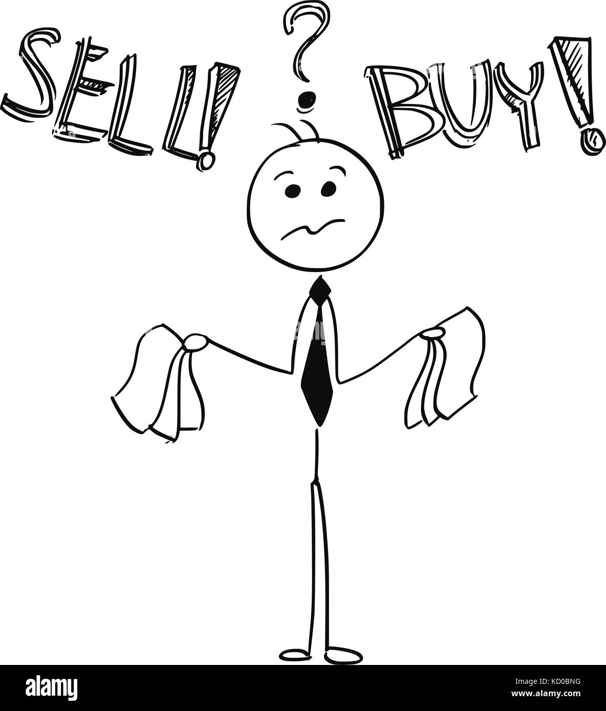 Cartoon stick uomo illustrazione di imprenditore decidere tra comprare e vendere la decisione. Illustrazione Vettoriale