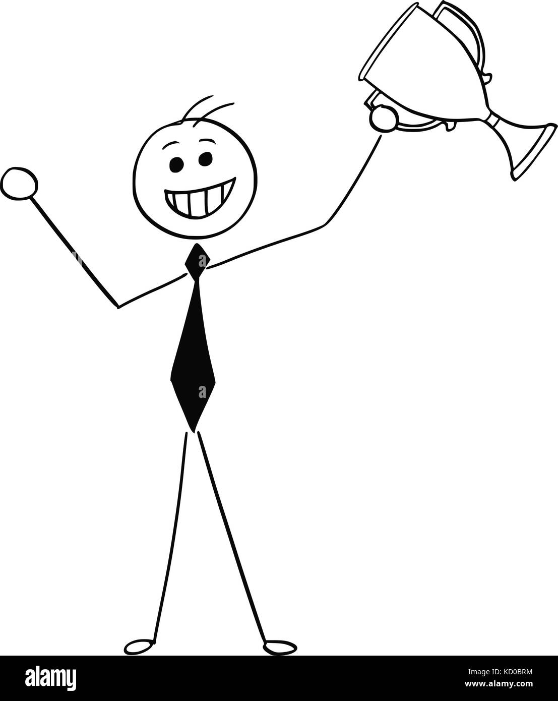 Cartoon stick uomo illustrazione di sorridenti imprenditore vincitore trofeo holding cup. Illustrazione Vettoriale