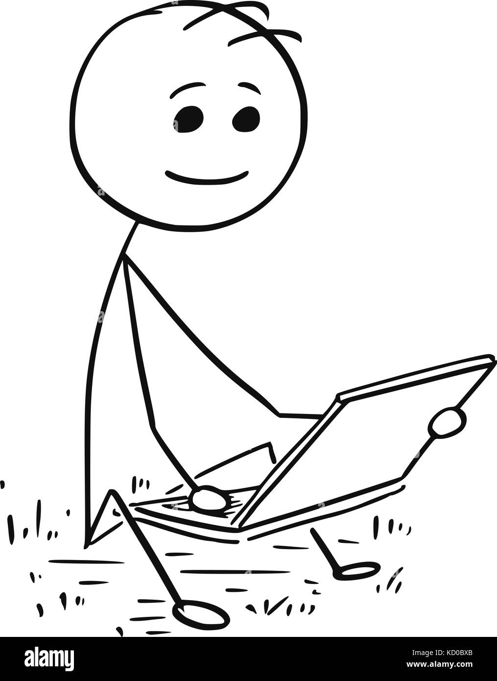 Cartoon stick uomo illustrazione del ragazzo o uomo seduto sull'erba e di lavoro sul computer portatile. Illustrazione Vettoriale