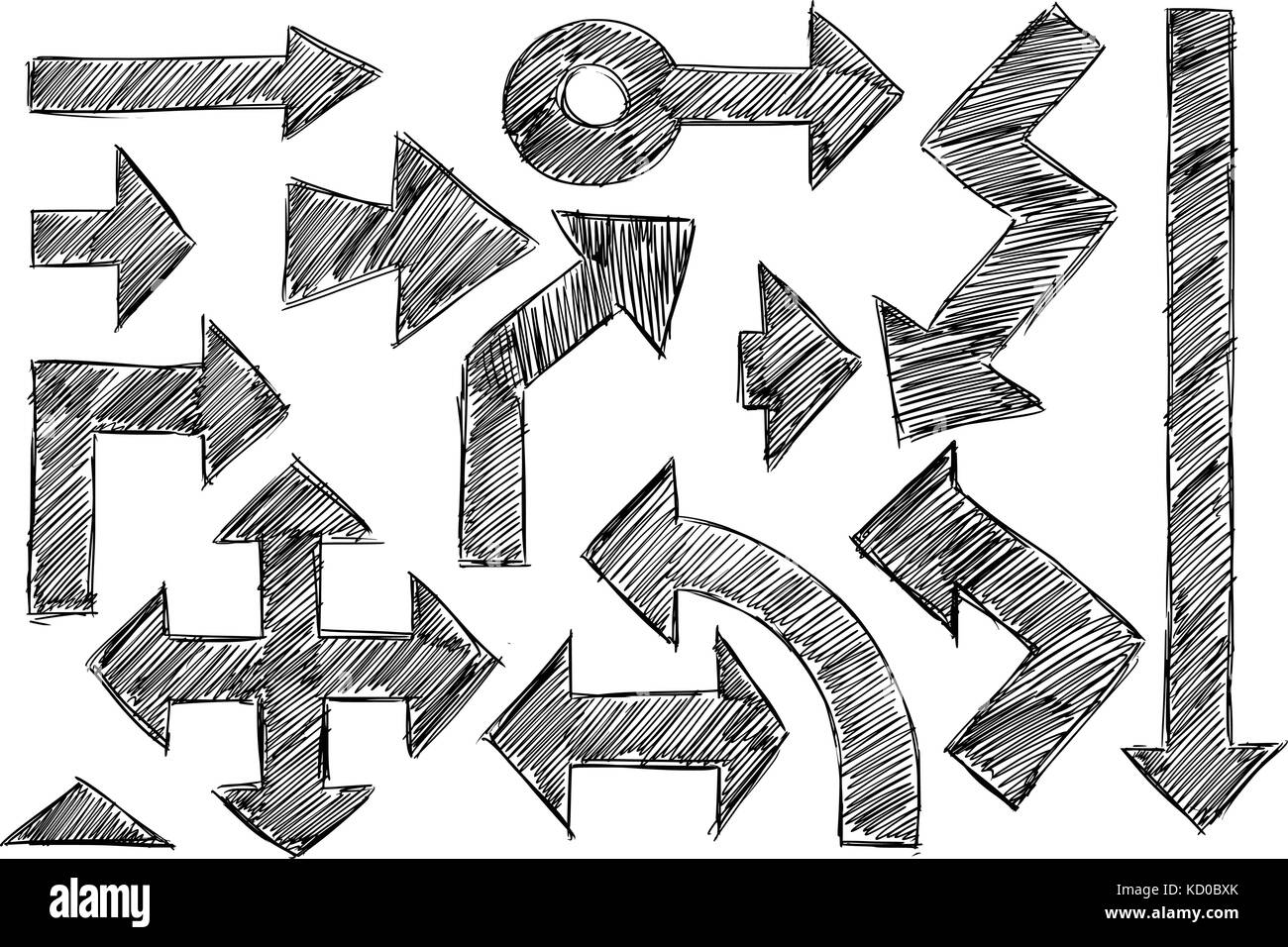 Set di vettore di vari doodle schizzo tratteggiato disegno a mano le frecce. Illustrazione Vettoriale