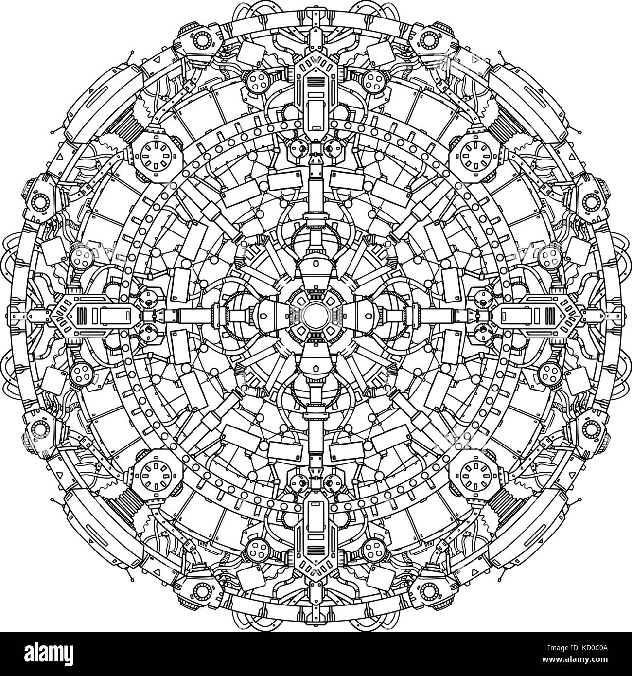 Round techno ornamentali sci-fi mandala pattern. Illustrazione Vettoriale