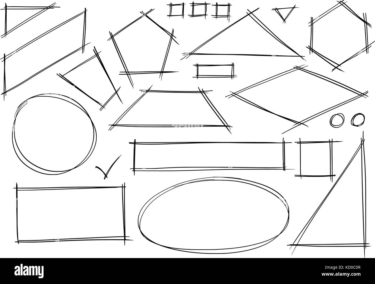 Set di varie sketchy 2d forma geometrica scarabocchi. Illustrazione Vettoriale