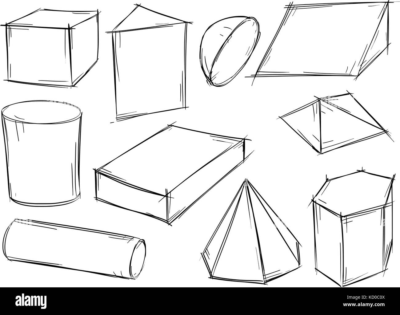 Set di varie sketchy 3d forma geometrica scarabocchi. Illustrazione Vettoriale