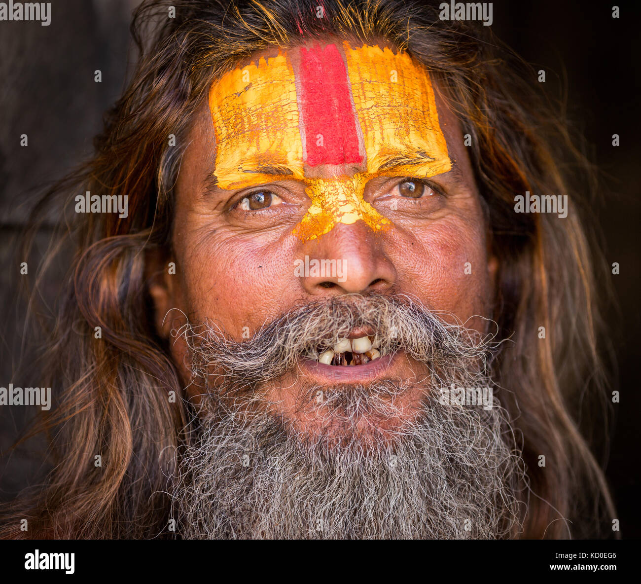Close-up verticale di un anziano Sadhu, Tempio di Pashupatinath, Kathmandu, Nepal Foto Stock