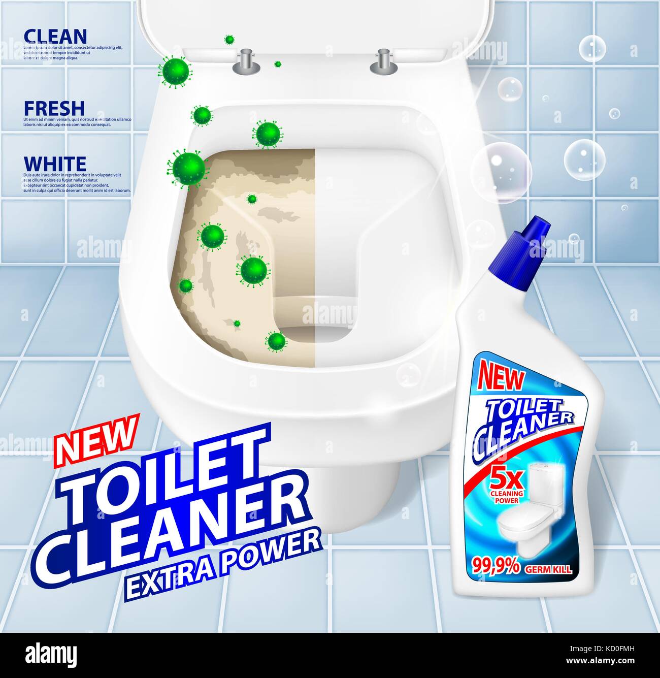 Servizi igienici i banner pubblicitari, effetto detergente prima e dopo il verde la fuga del virus da shining water. detergente gel in bottiglia mockup. 3d illustrazione vettoriale Illustrazione Vettoriale