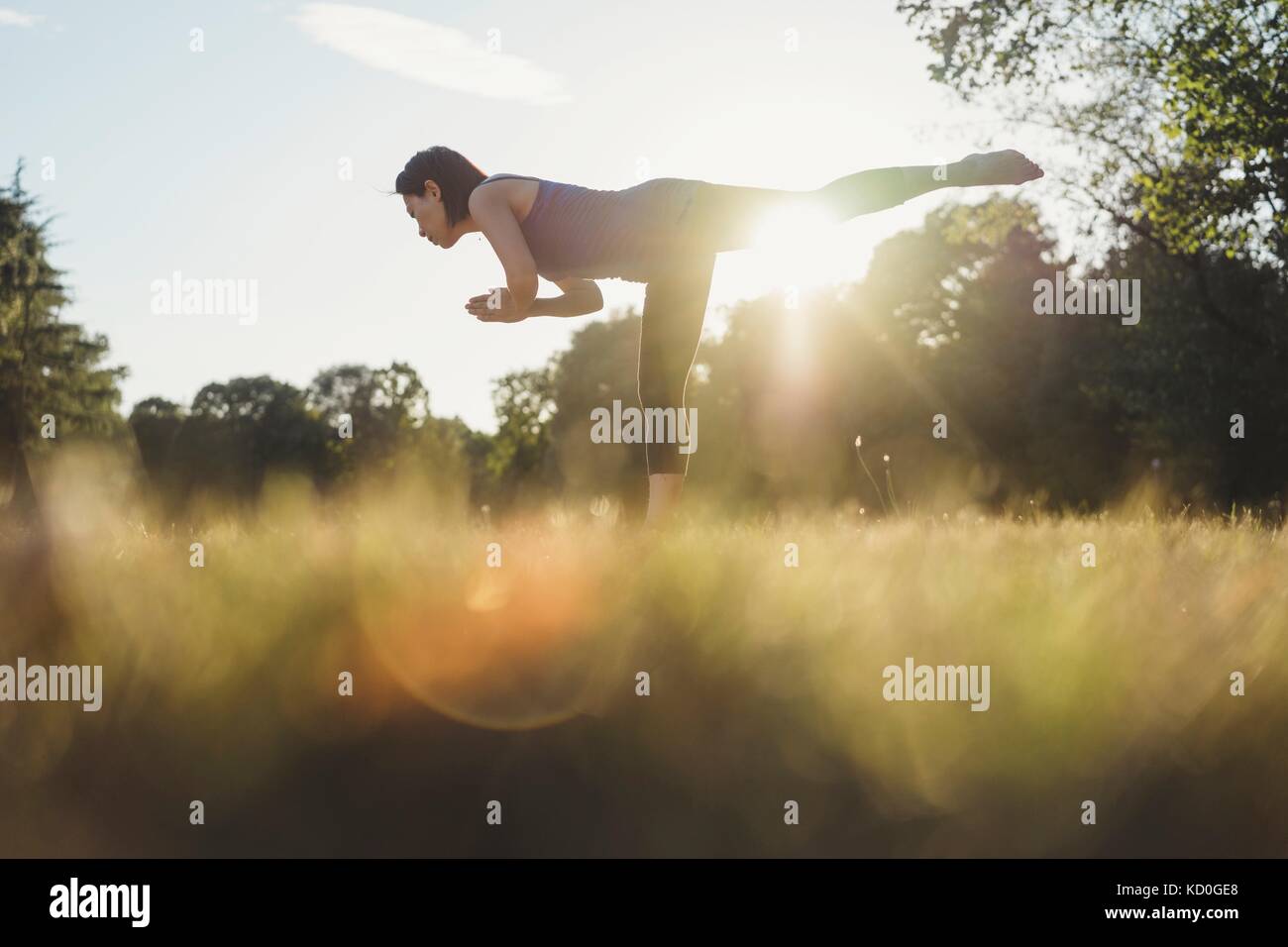 Donna matura nel parco, in equilibrio su una gamba in posizione di yoga, basso angolo di visione Foto Stock