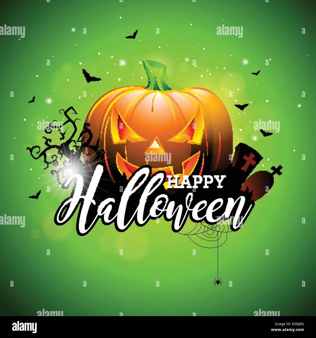 Happy halloween illustrazione vettoriale con la zucca e il cimitero sul cielo verde dello sfondo. holiday design con ragni e pipistrelli per biglietto di auguri, banner, poster, invito alla festa. Illustrazione Vettoriale