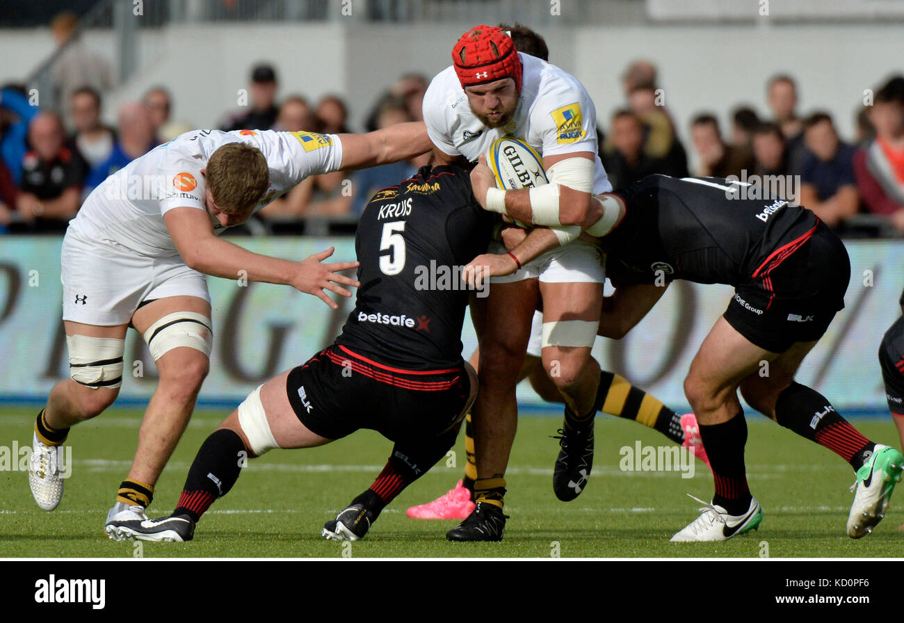 Londra, Regno Unito. 8 ottobre, 2017. aviva rugby premier league saraceni v vespe a allianz park london, Regno Unito. 08 ott 2017. azione durante il match che è stato conquistato dai saraceni 38-19 credito: leo mason sport foto/alamy live news Foto Stock