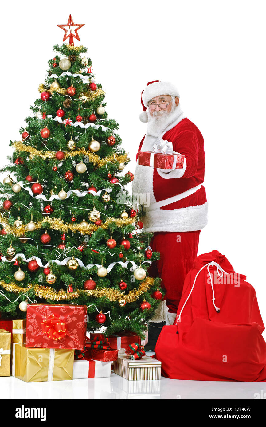 Babbo Natale in piedi accanto albero di Natale decorato e dono di contenimento e, isolato su sfondo bianco Foto Stock