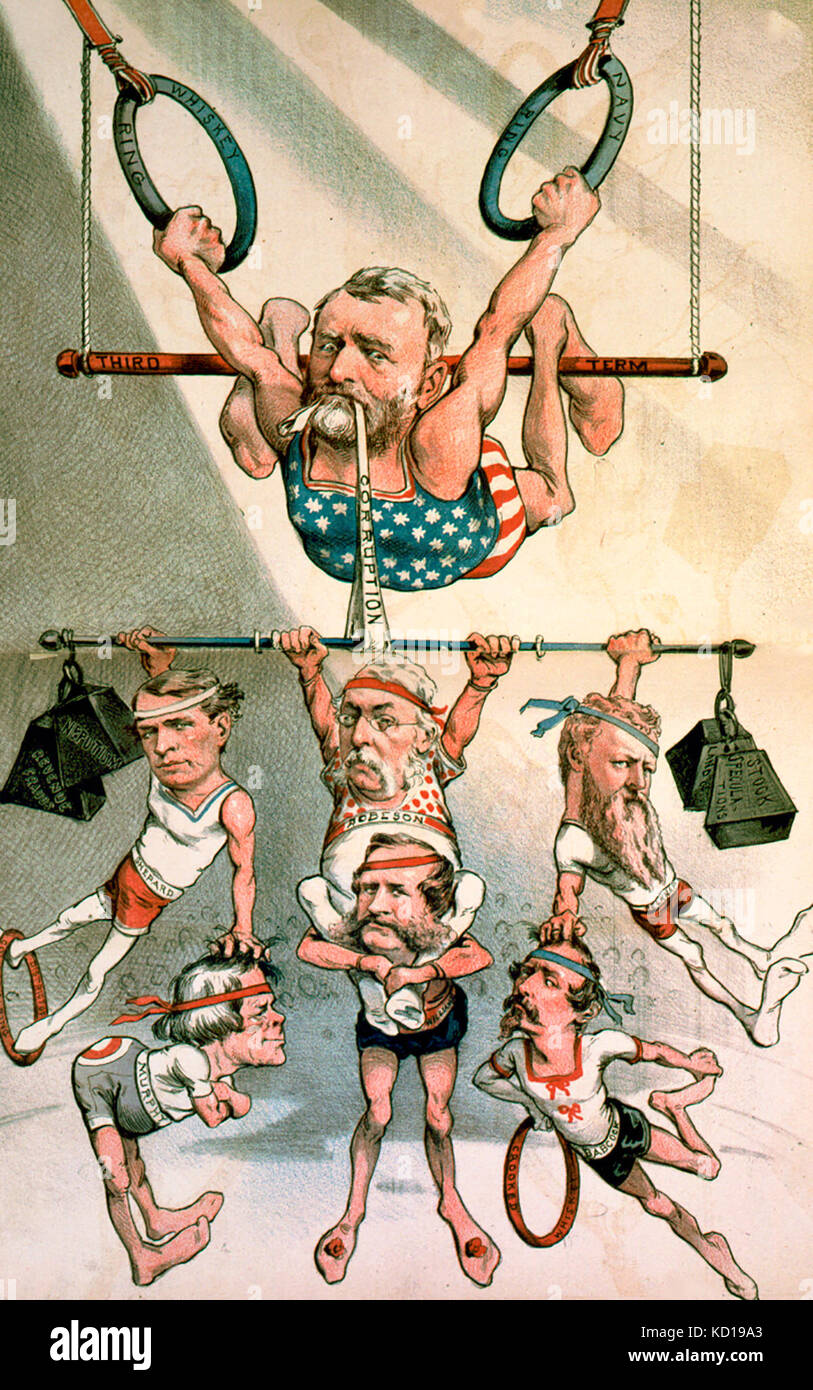 Cartoon politico che mostra Ulysses S. Grant, come Acrobat, il trapezio " terzo termine' holding al "whiskey ring' e 'anello Navy,' con una fascetta "corruzione" nella sua bocca, tenendo su altri acrobati, Shepard, George M. Robeson, William W. Belknap, Murphy, Williams e Orville E. Babcock. 1880 Foto Stock