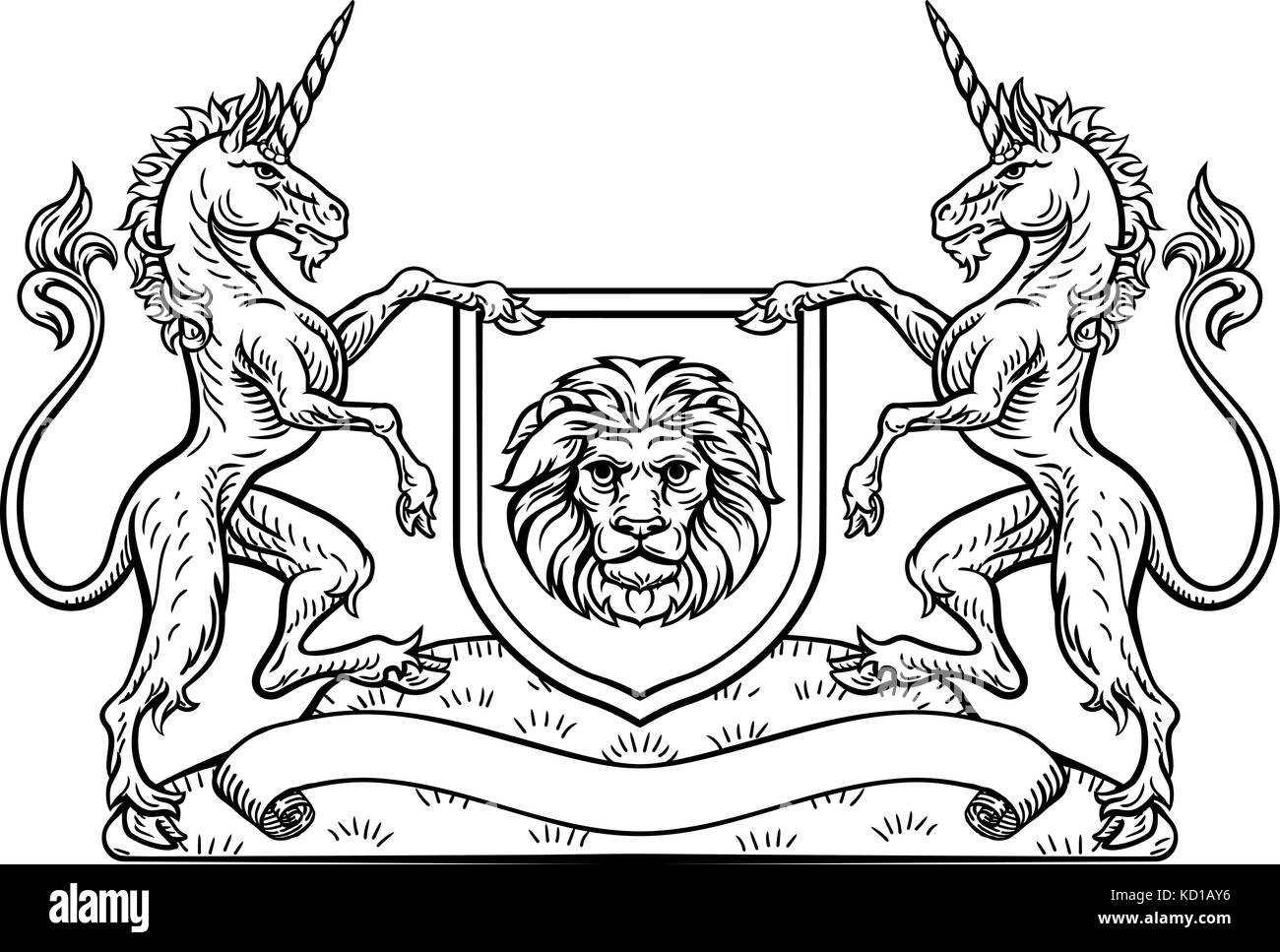 Stemma araldico con protezione Unicorn Knight Crest Illustrazione Vettoriale