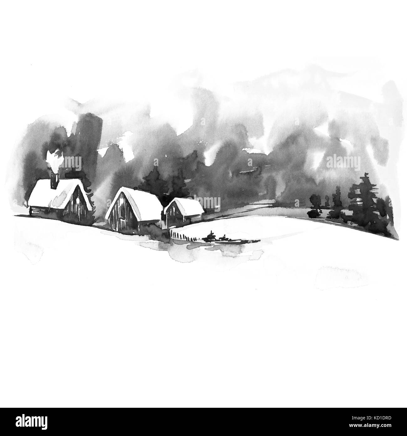 Acquerello paesaggio invernale. vintage acquerello di natale biglietto di auguri con un accogliente paesaggio paesaggio invernale. da favola invernale della foresta nera e bianca illustrazione ad acquerello. Foto Stock
