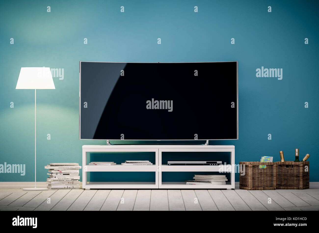 3D Interni rendering della vita moderna camera con tv e lampada Foto Stock