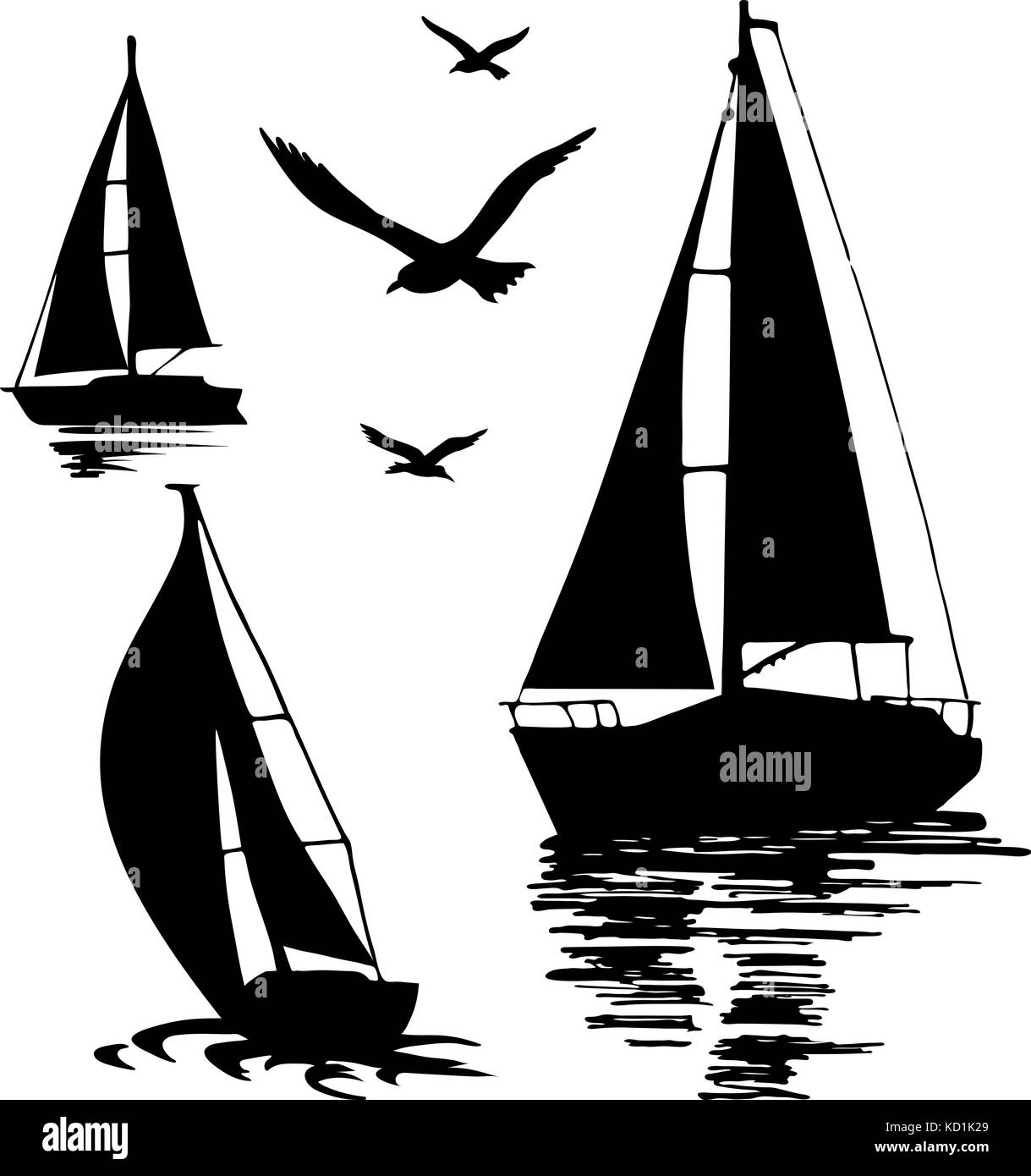Silhouette di una barca a vela su uno sfondo bianco. Illustrazione Vettoriale