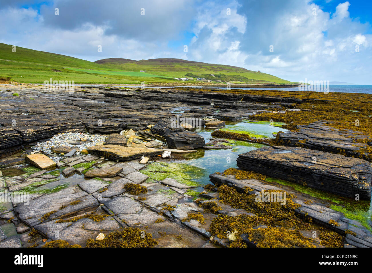 Westness House da Moa Ness sulla passeggiata del patrimonio culturale di Westness, Rousay, Isole di Orkney, Scozia, Regno Unito. Foto Stock