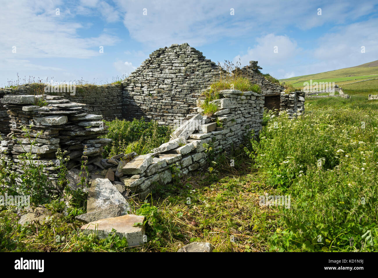 Edificio in rovina presso Skaill Farm sulla Westness Heritage Walk, Rousay, Orkney Islands, Scozia, Regno Unito. Foto Stock