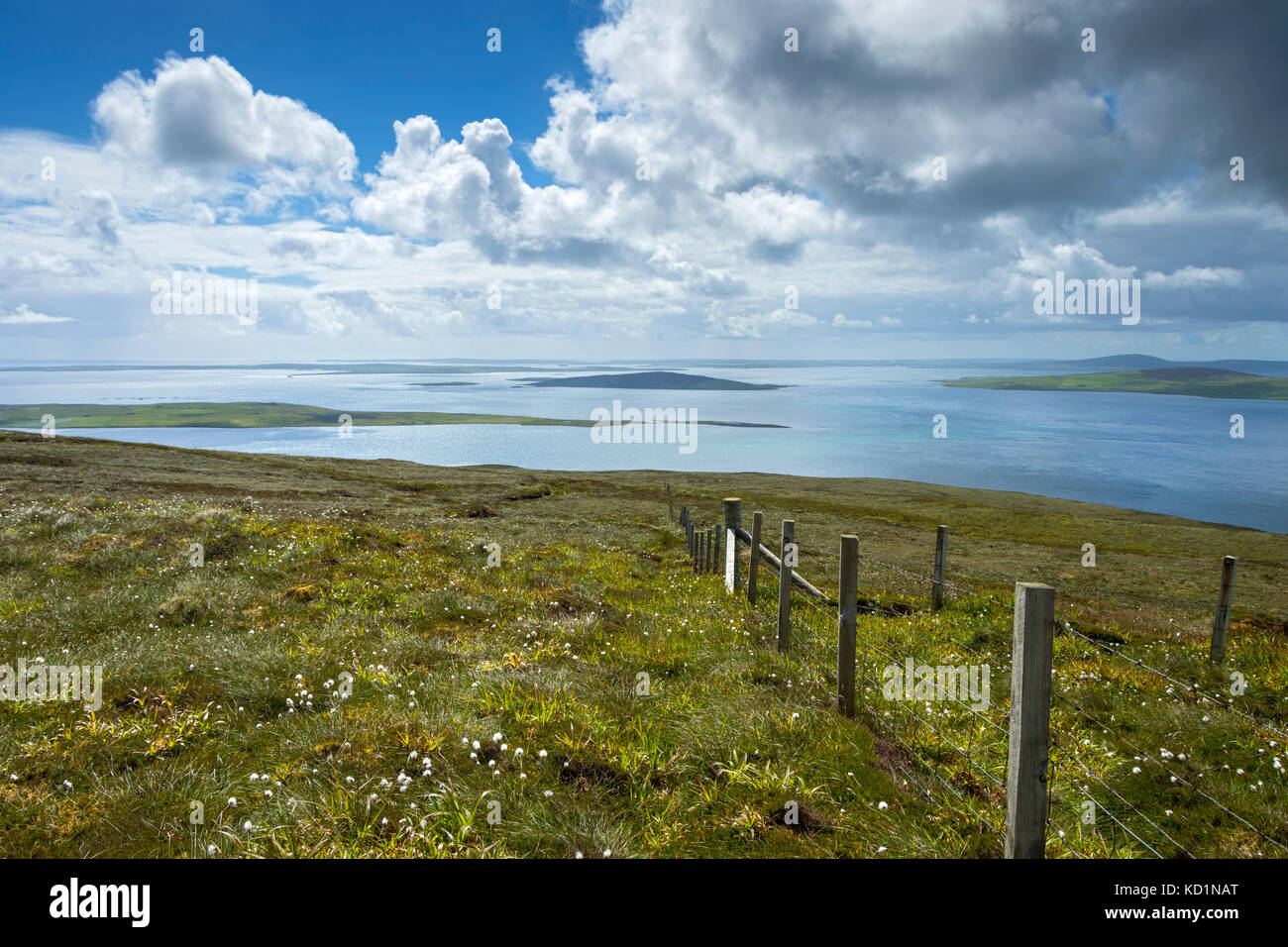 Le isole di Wyre, Gairsay e la lontana Shapinsay dalle pendici di Blotchnie Fold, Rousay, Orkney Islands, Scozia, Regno Unito. Foto Stock