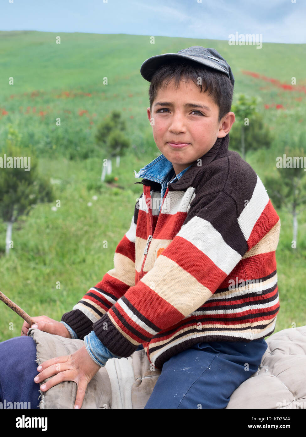 Ritratto di un ragazzo in sella al suo asino in un paesaggio rurale del nord Azerbaigian Foto Stock