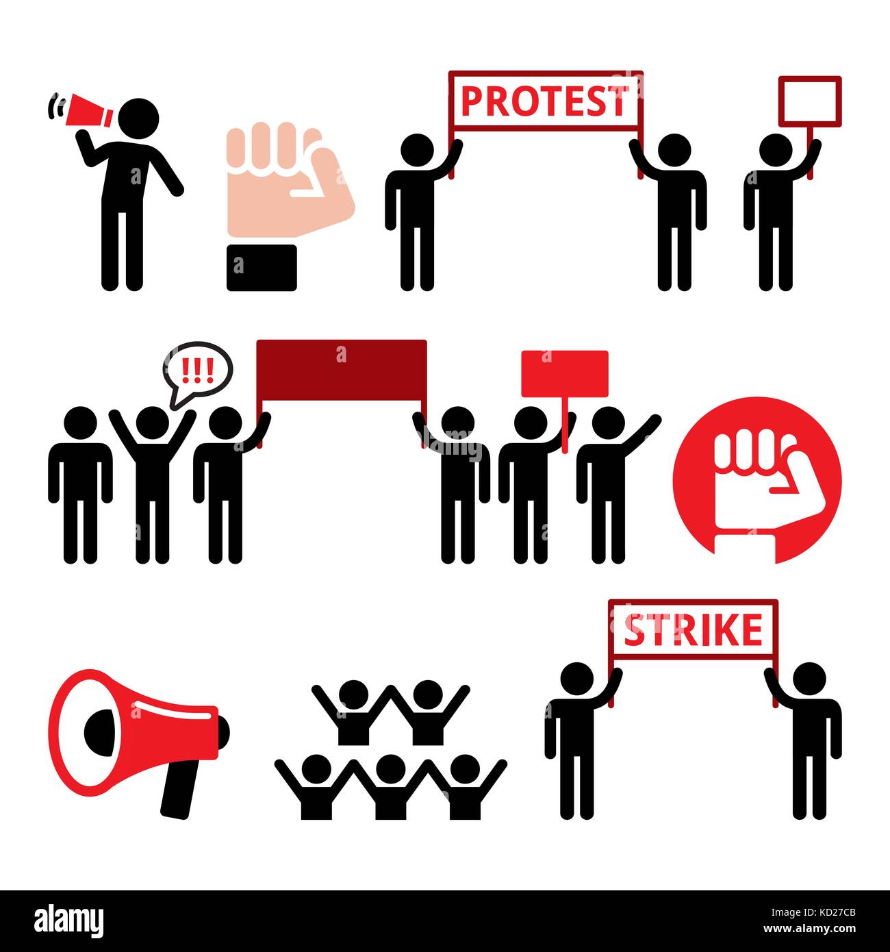 Protesta, sciopero, dimostrando di persone o di lottare per i loro diritti di set di icone Illustrazione Vettoriale