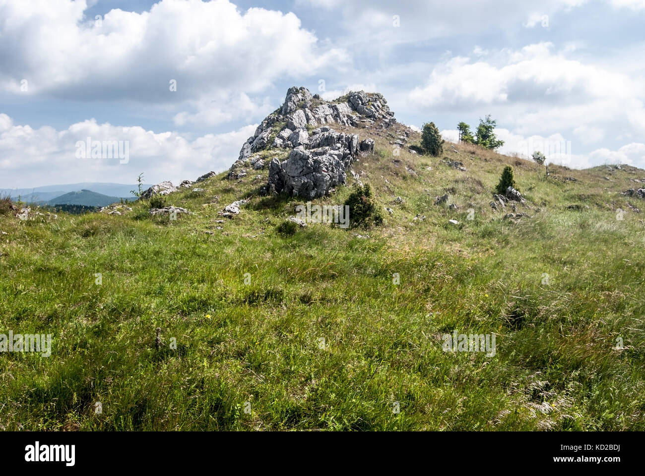 Prato di montagna con poche pietre e sassi e cielo blu con nuvole sulla collina skalky in mala fatra montagne in Slovacchia Foto Stock