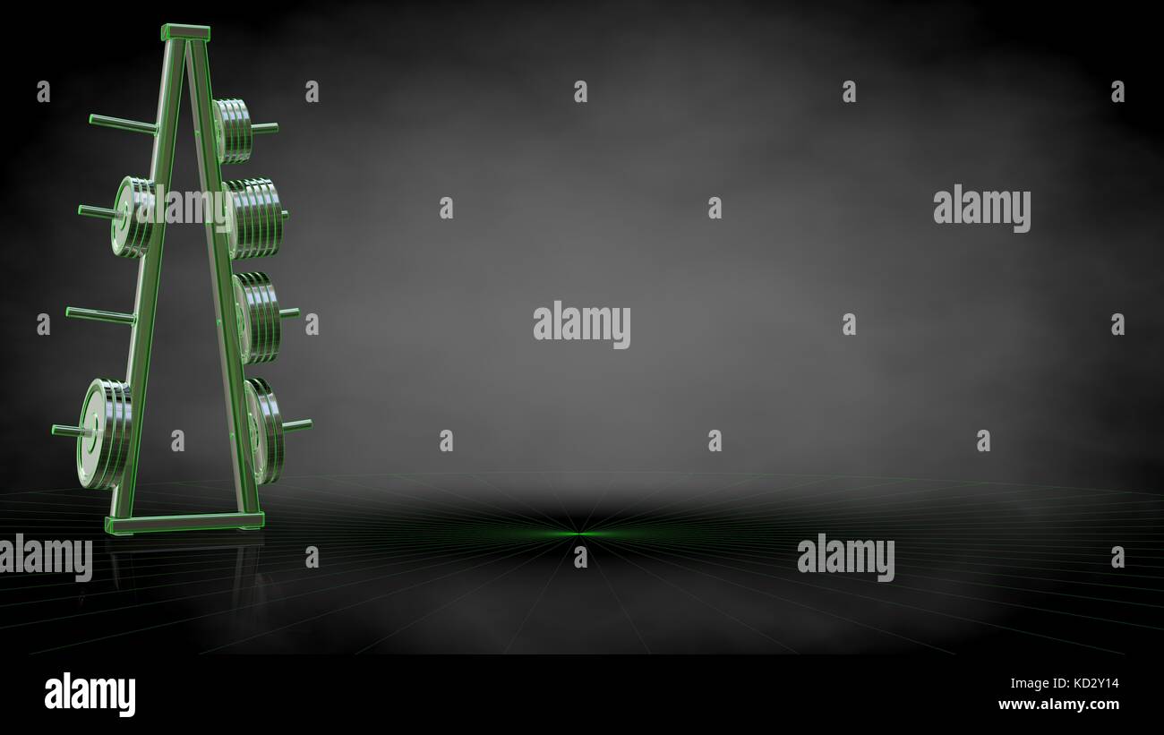 3D rendering di un riflettente strumenti palestra verde con le linee a tratteggio come blueprint su sfondo scuro Foto Stock