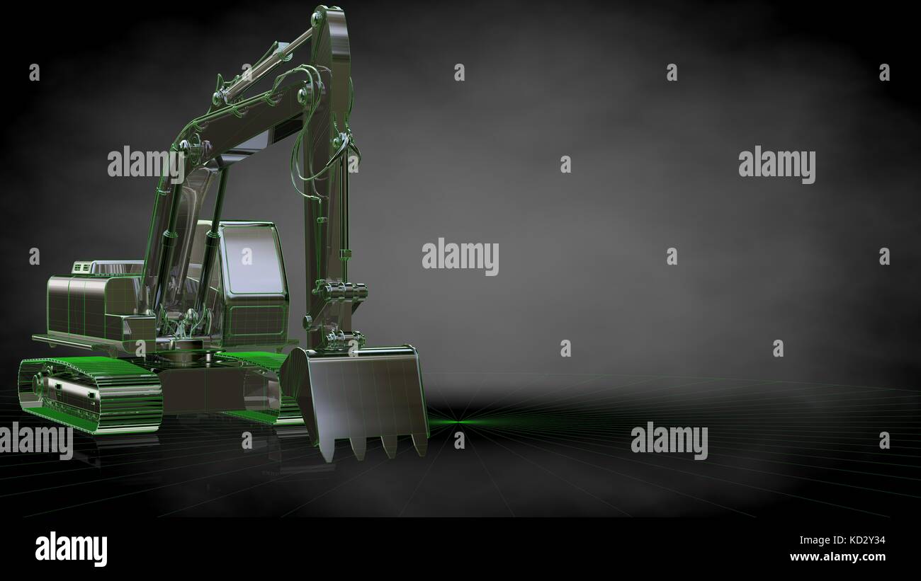 3D rendering di un escavatore riflettente con verde linee delineate come blueprint su sfondo scuro Foto Stock