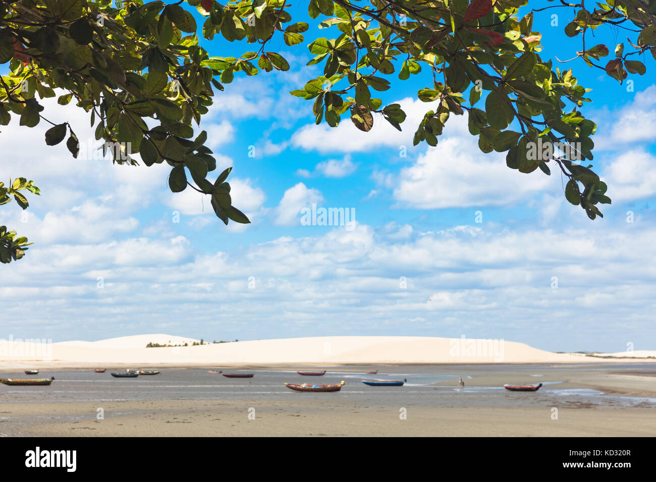 Barche sulla sabbia a bassa marea, Parco Nazionale di Jericoacoara, Ceara, Brasile, Sud America Foto Stock
