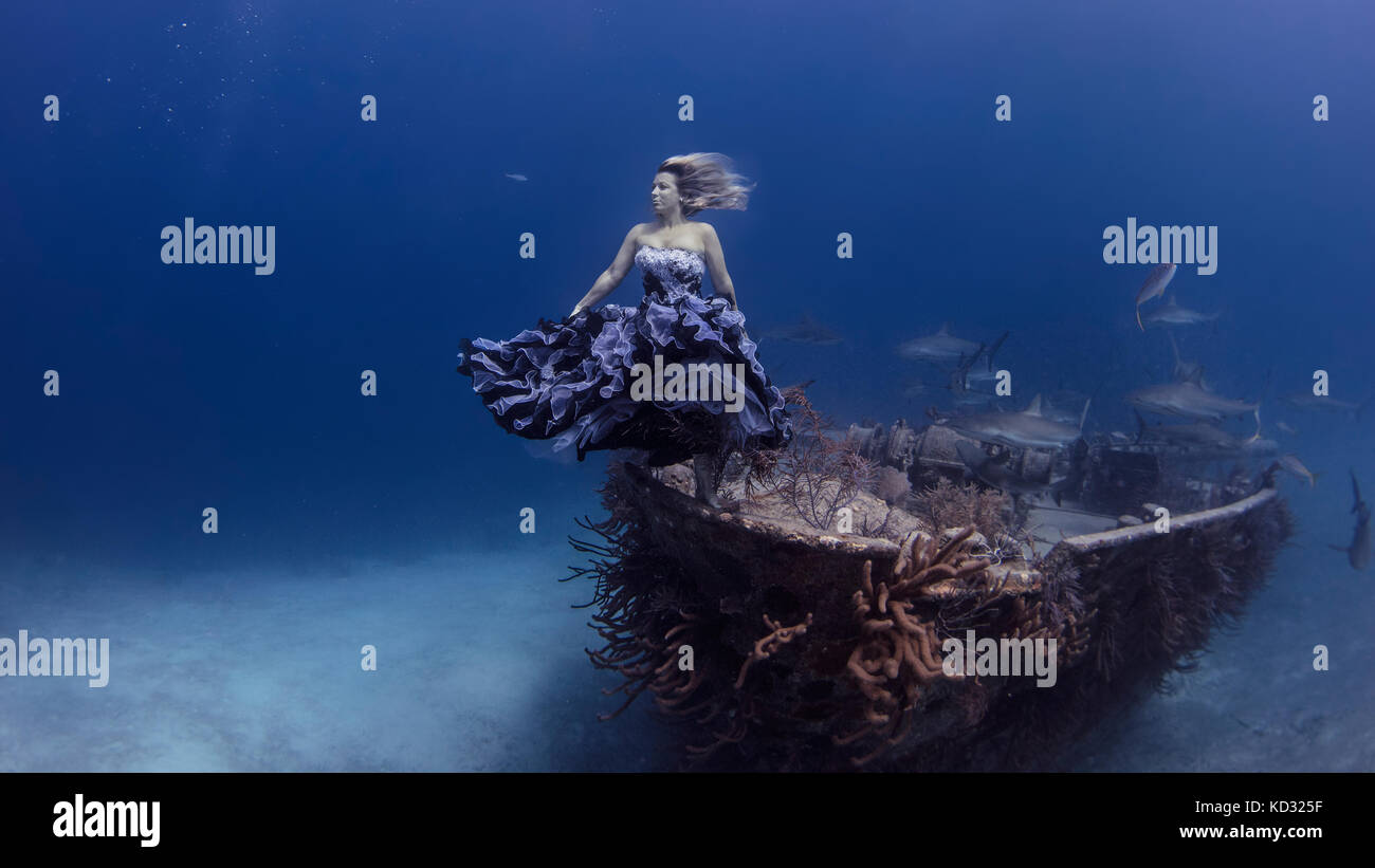 Vista subacquea della donna in abito viola in bilico dalla nave naufragata, Bahamas Foto Stock