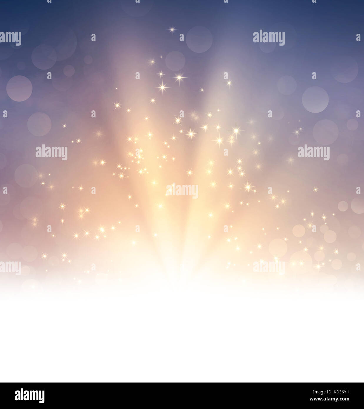 Esplosione di luce e di stelle scintillanti su una festosa fondo oro Foto Stock