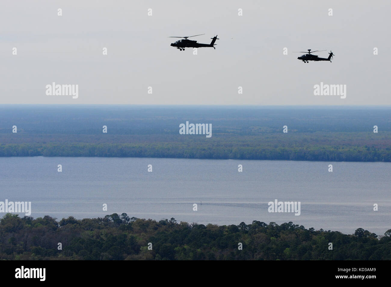 Due, AH-64D dell'esercito degli Stati Uniti assegnati al Battaglione di ricognizione dell'attacco del 151, la Guardia nazionale dell'esercito del South Carolina, sorvolano la base aerea navale di Jacksonville, la, 11 marzo 2014. Gli Apach sono a Jacksonville per allenarsi con lo Squadrone sottomarino 11 della Marina militare degli Stati Uniti, in lotta contro la superficie e la ricerca e il salvataggio di combattimento. (STATI UNITI Air National Guard foto di Tech. SGT. Jorge Intriago/rilasciato) Foto Stock
