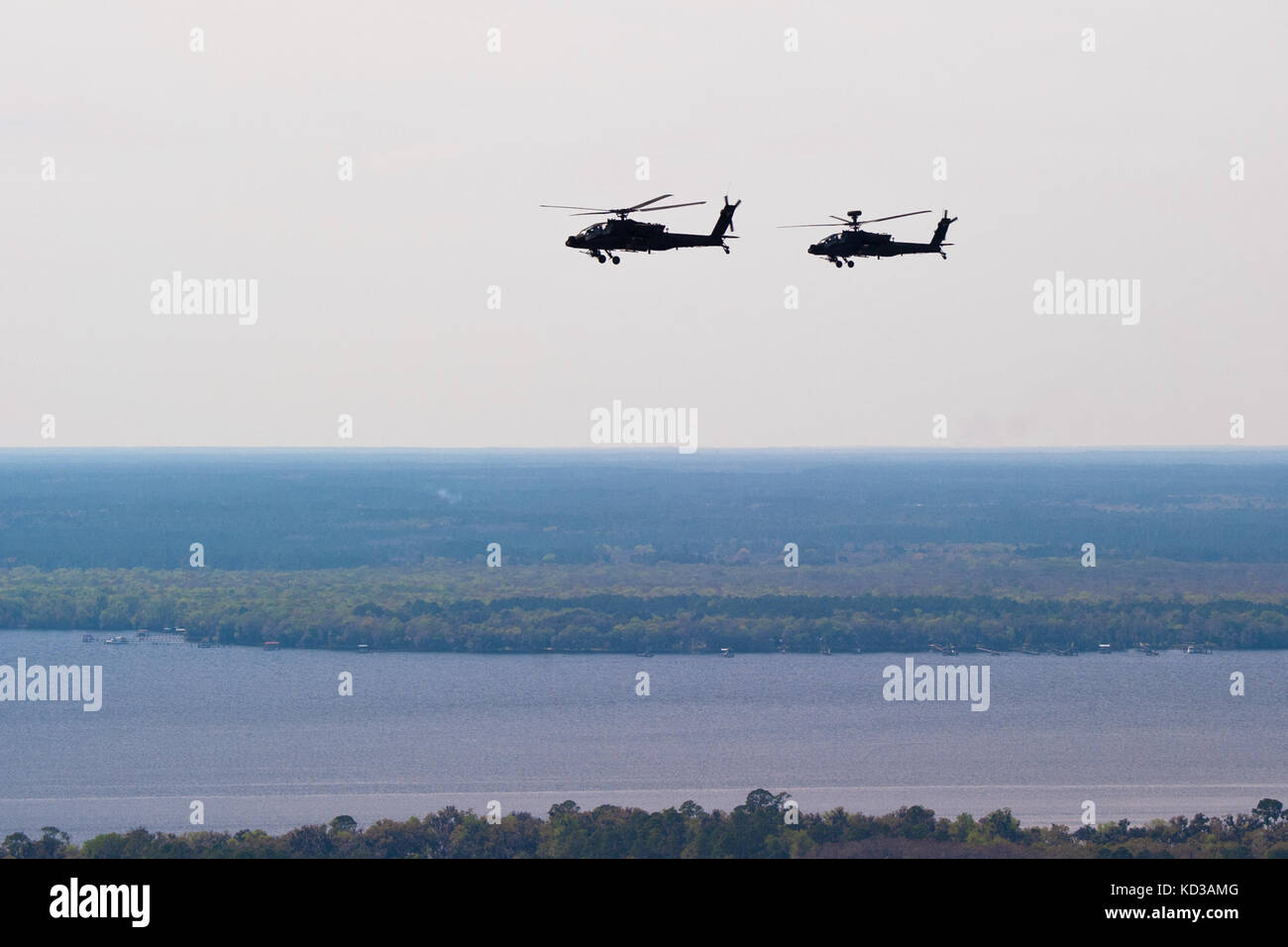 Due, AH-64D dell'esercito degli Stati Uniti assegnati al Battaglione di ricognizione dell'attacco del 151, la Guardia nazionale dell'esercito del South Carolina, sorvolano la base aerea navale di Jacksonville, la, 11 marzo 2014. Gli Apach sono a Jacksonville per allenarsi con lo Squadrone sottomarino 11 della Marina militare degli Stati Uniti, in lotta contro la superficie e la ricerca e il salvataggio di combattimento. (STATI UNITI Air National Guard foto di Tech. SGT. Jorge Intriago/rilasciato) Foto Stock