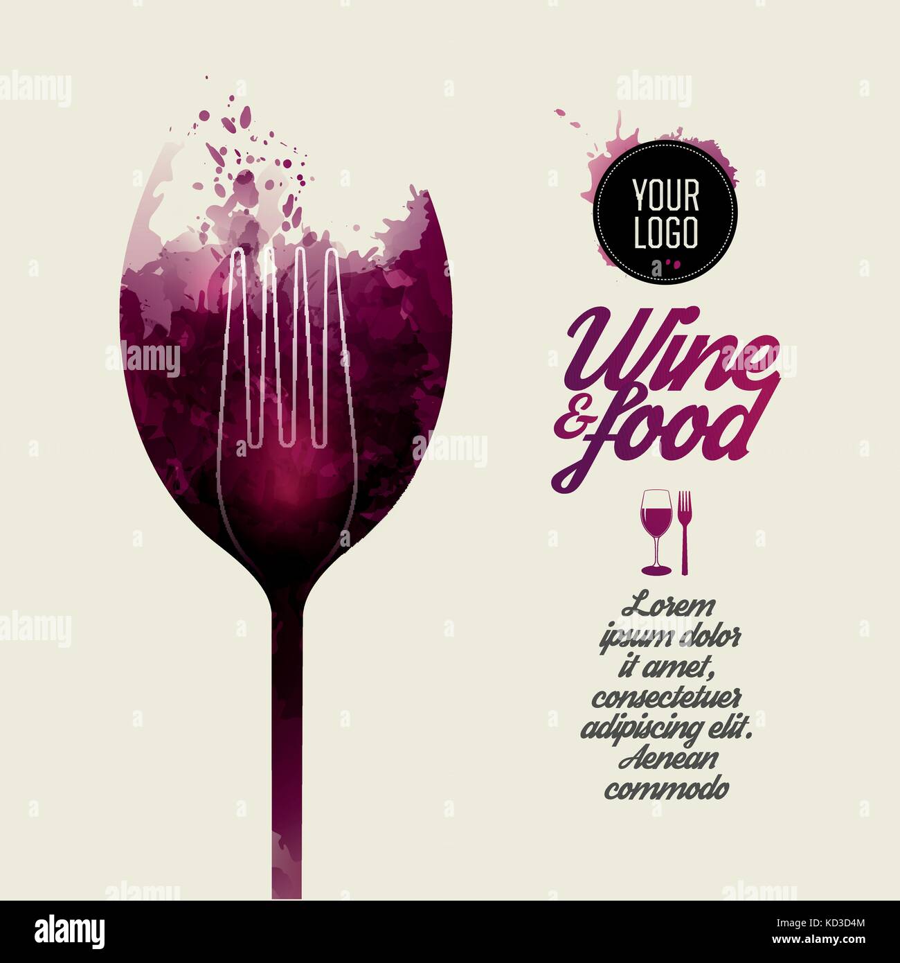 Il concept design vino e cibo. Sullo sfondo le macchie di vino. vettore Illustrazione Vettoriale