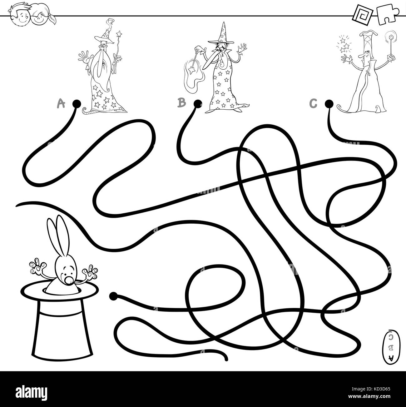 Bianco e nero cartoon illustrazione dei percorsi o labirinto puzzle game di attività con la procedura guidata e caratteri di coniglio in un cappello libro da colorare Illustrazione Vettoriale
