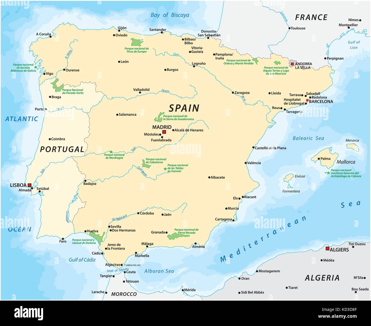Mappa della penisola iberica Illustrazione Vettoriale