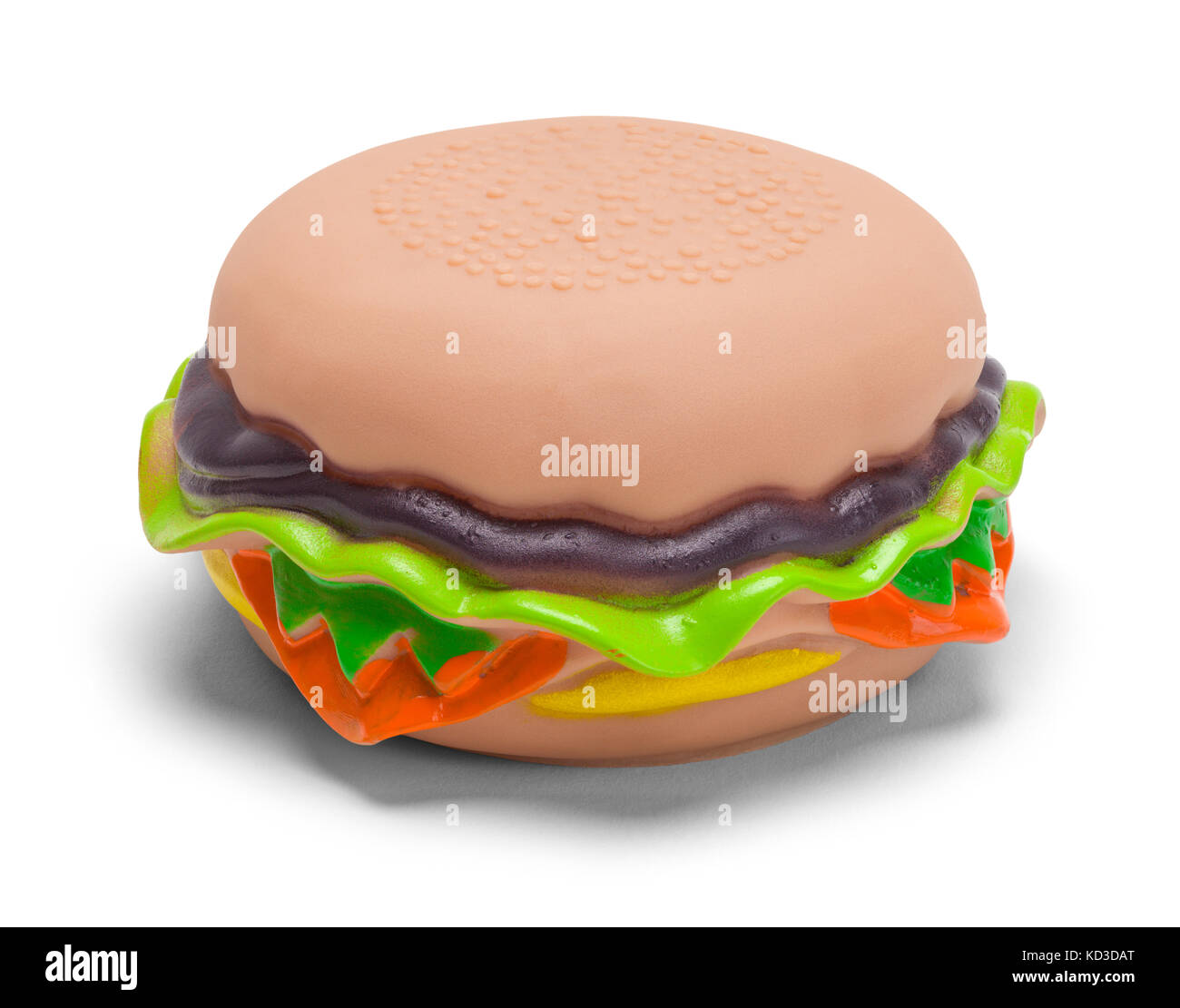Cheeseburger cane giocattolo stridulo isolati su sfondo bianco. Foto Stock