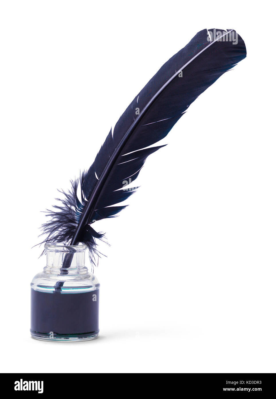 Piuma nera tubetto in un inchiostro di vetro jar isolato su uno sfondo bianco. Foto Stock