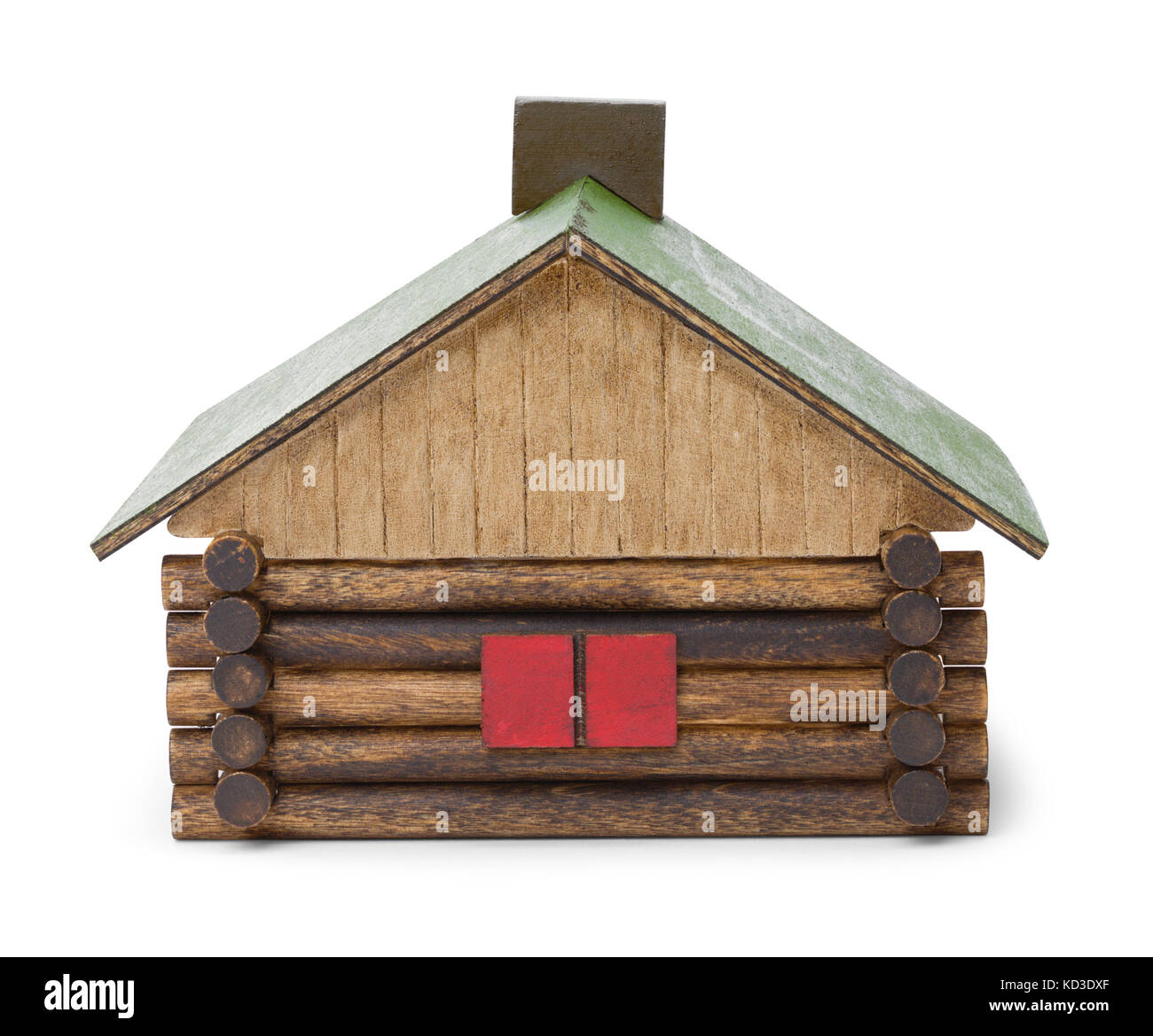 Toy log cabin isolato su uno sfondo bianco. Foto Stock