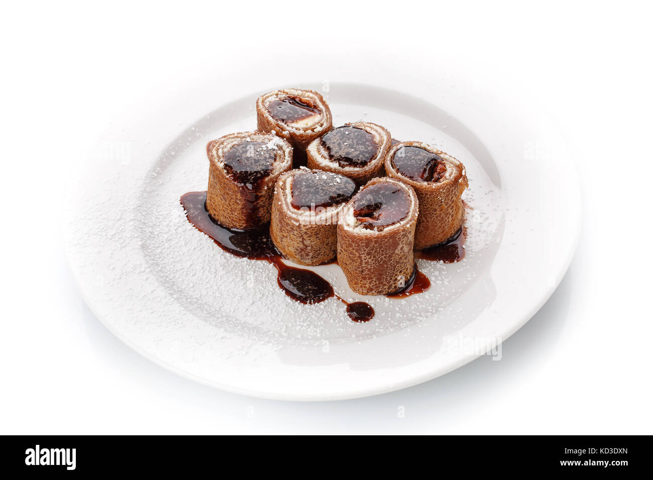 Fresche dolci frittelle di cioccolato con formaggio e salsa Foto Stock