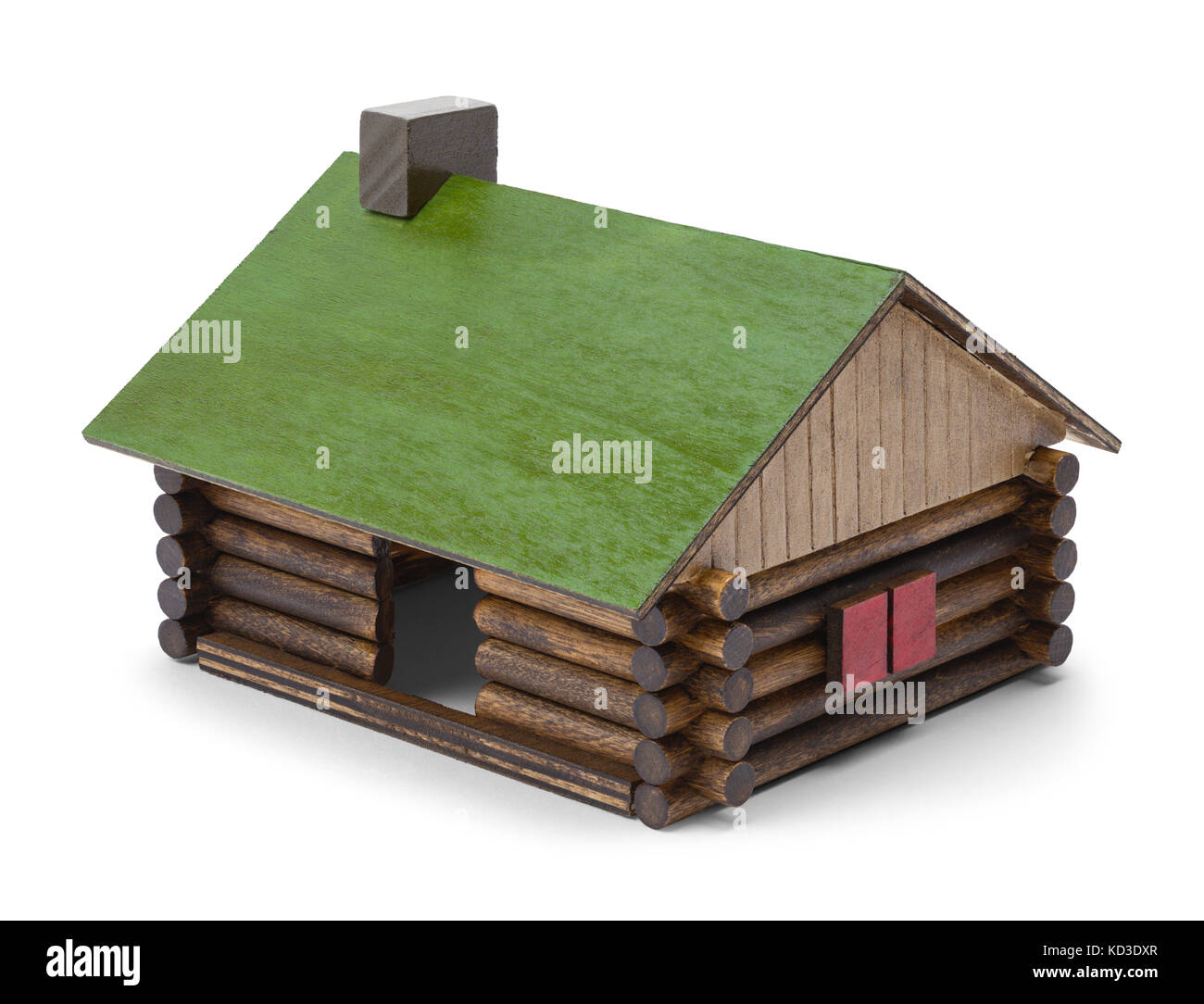 Toy log cabin isolato su uno sfondo bianco. Foto Stock