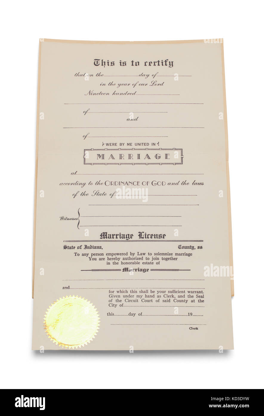 Il certificato di matrimonio con copia spazio isolato su uno sfondo bianco. Foto Stock