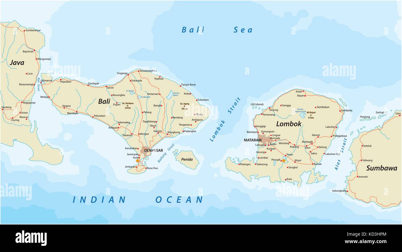 Vettore mappa stradale di indonesian Lesser Sunda islands bali e lombok Illustrazione Vettoriale