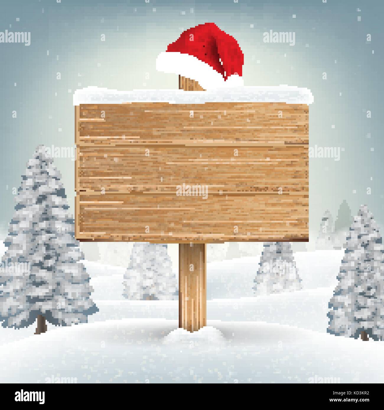 Santa Claus hat sul pannello di legno su sfondo inverno Illustrazione Vettoriale